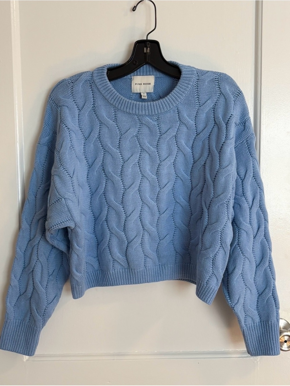 Pink Rose Light Blue Cable Knit Crewneck Sweater